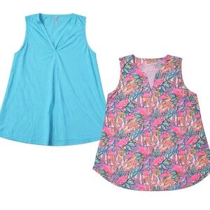 Lulu-B Sleeveless Blouse Bundle L Teal V Neck + Pink Flamingo Tropical